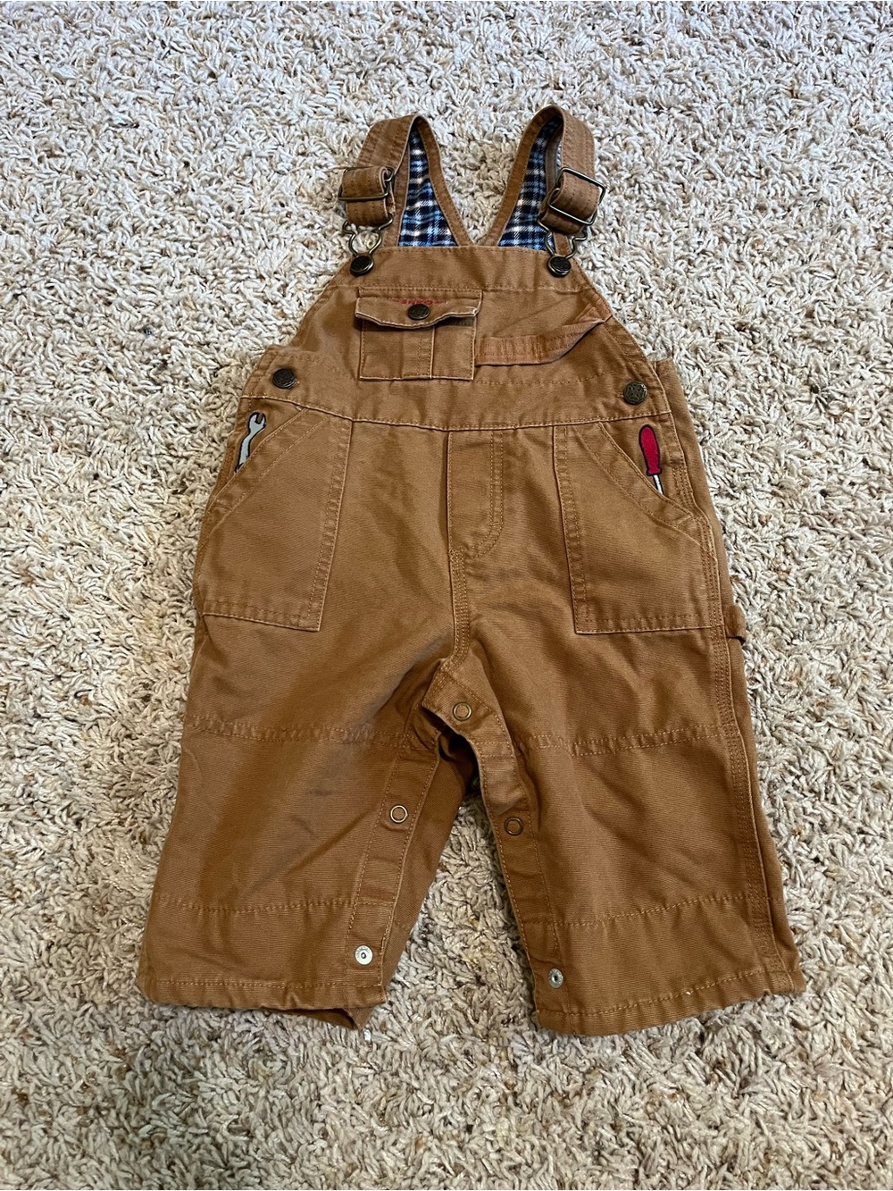 OshKosh B'Gosh Cotton Canvas Brown Vestbak Embroidered Tools Overalls 3-6 Months